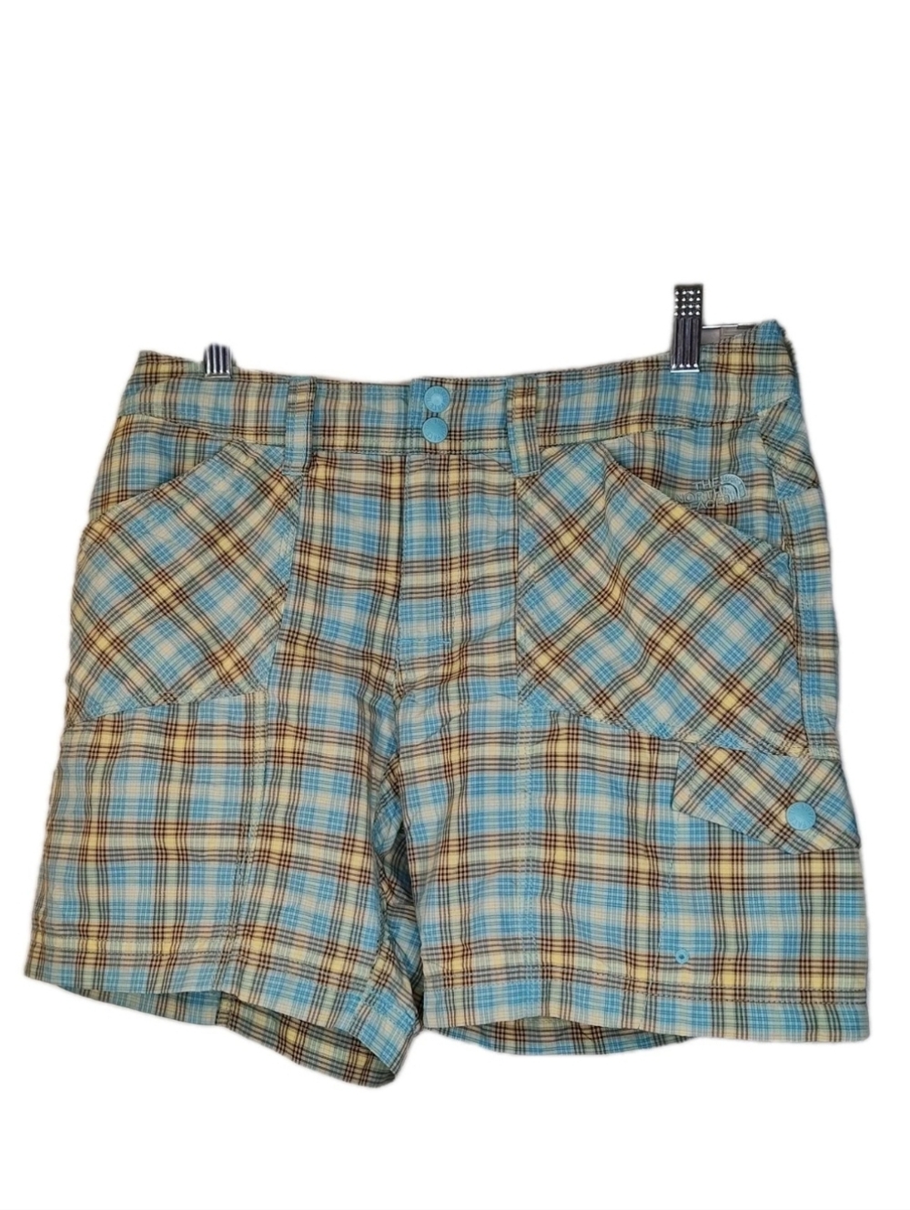 North Face Ellie Cargo Shorts Sz 6/8 Sm 31/7" Blue Plaid Patch Pocket Hybrid Nwt
